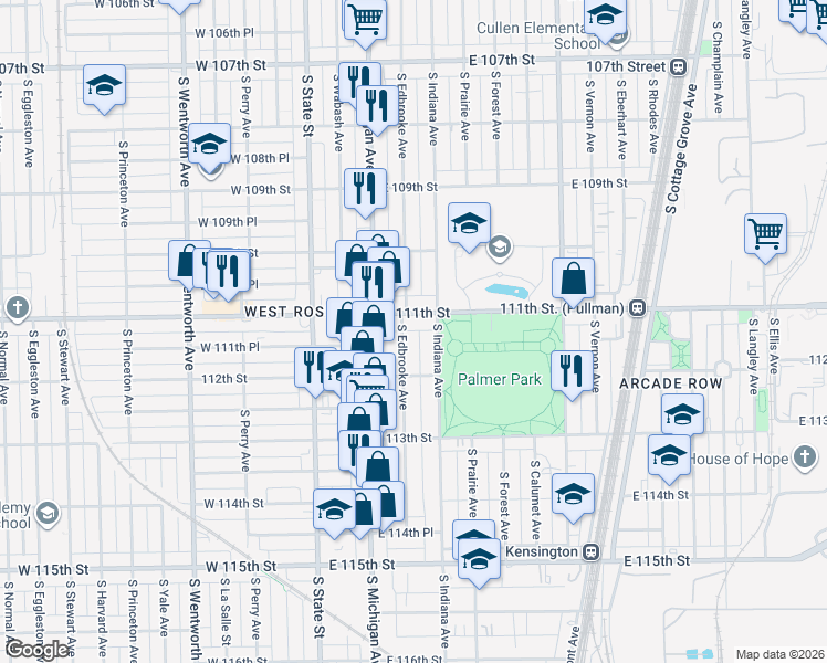 map of restaurants, bars, coffee shops, grocery stores, and more near 143 East 111th Street in Chicago