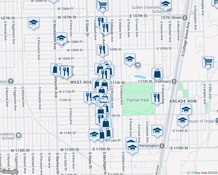 map of restaurants, bars, coffee shops, grocery stores, and more near 143 East 111th Street in Chicago