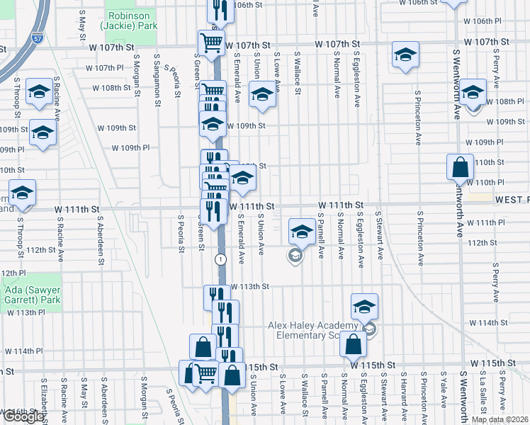 map of restaurants, bars, coffee shops, grocery stores, and more near 634 West 111th Street in Chicago