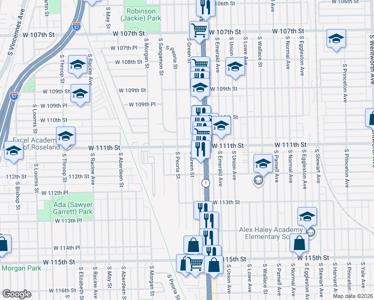 map of restaurants, bars, coffee shops, grocery stores, and more near 834 West 111th Street in Chicago