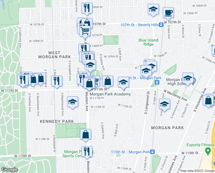 map of restaurants, bars, coffee shops, grocery stores, and more near 11060 South Bell Avenue in Chicago