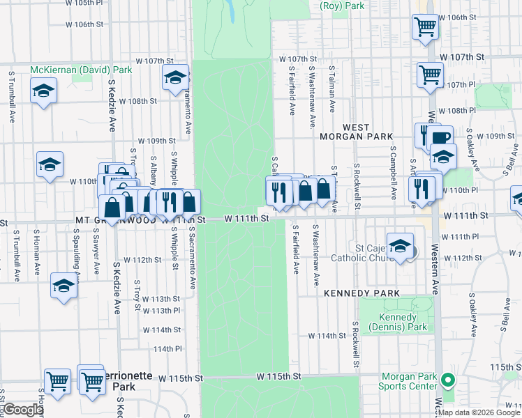 map of restaurants, bars, coffee shops, grocery stores, and more near 2806 West 111th Street in Chicago