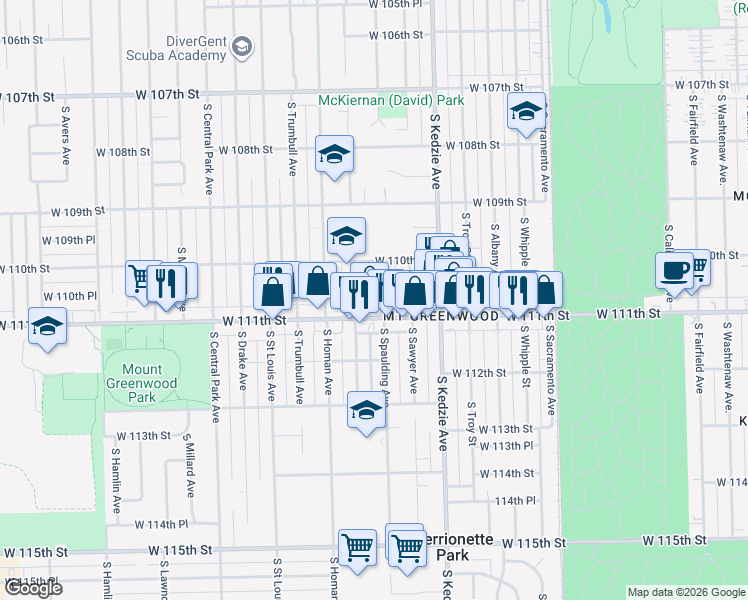 map of restaurants, bars, coffee shops, grocery stores, and more near 11028 South Spaulding Avenue in Chicago