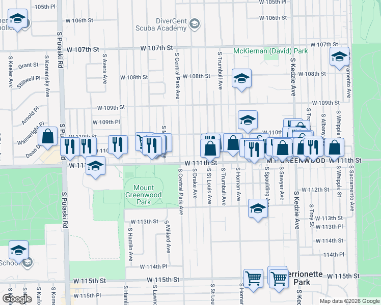 map of restaurants, bars, coffee shops, grocery stores, and more near 11022 South Drake Avenue in Chicago