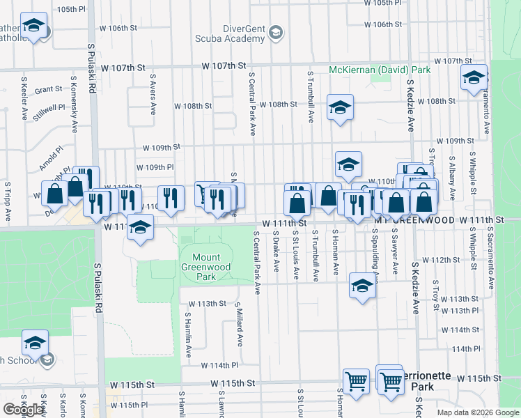 map of restaurants, bars, coffee shops, grocery stores, and more near 11024 South Central Park Avenue in Chicago