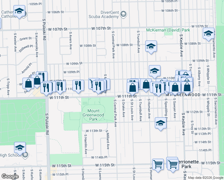 map of restaurants, bars, coffee shops, grocery stores, and more near 11024 South Central Park Avenue in Chicago