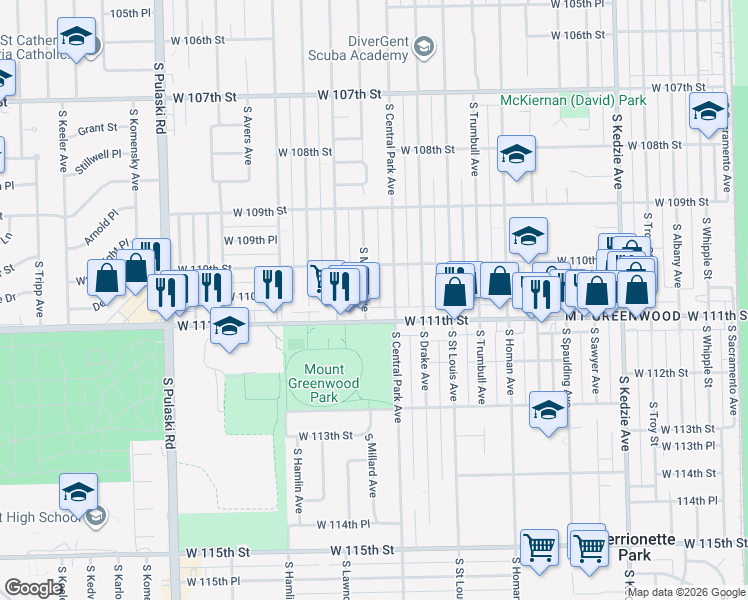 map of restaurants, bars, coffee shops, grocery stores, and more near 11024 South Central Park Avenue in Chicago