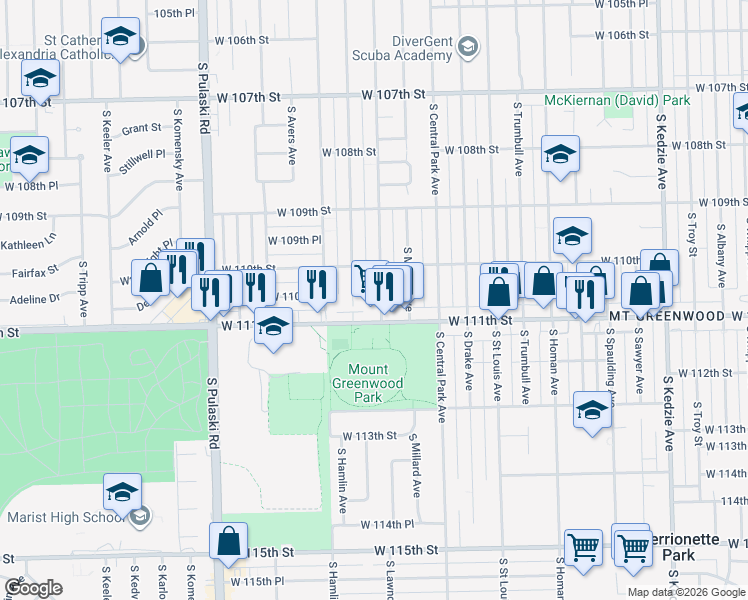 map of restaurants, bars, coffee shops, grocery stores, and more near 11021 South Ridgeway Avenue in Chicago