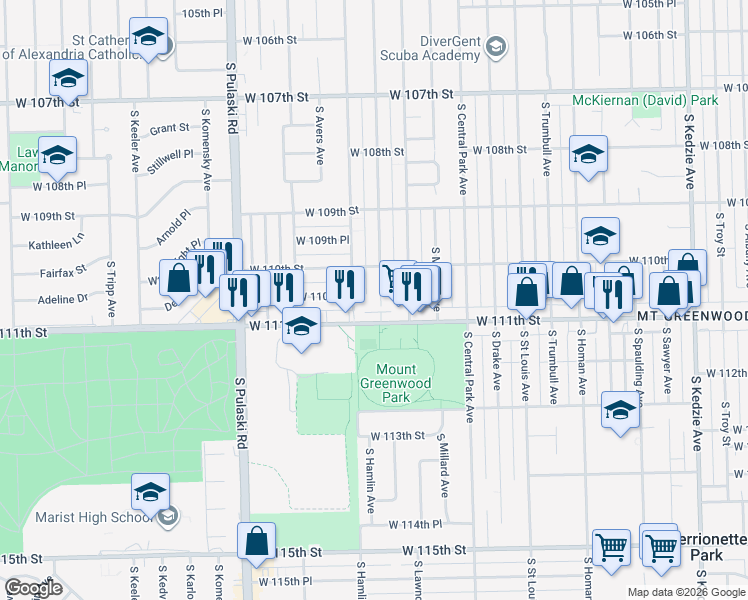 map of restaurants, bars, coffee shops, grocery stores, and more near 11021 South Ridgeway Avenue in Chicago