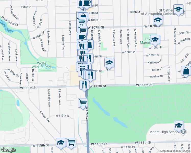 map of restaurants, bars, coffee shops, grocery stores, and more near 11001 Keating Avenue in Oak Lawn