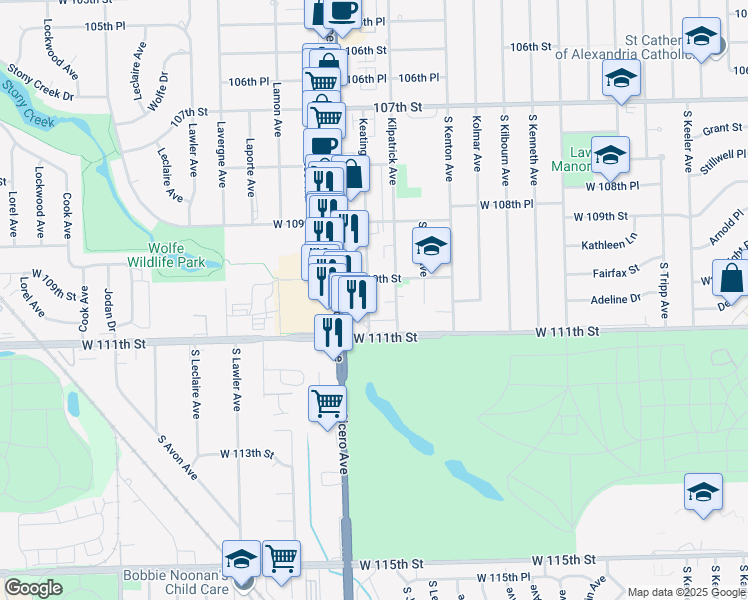map of restaurants, bars, coffee shops, grocery stores, and more near 11001 Keating Avenue in Oak Lawn
