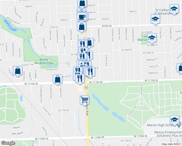 map of restaurants, bars, coffee shops, grocery stores, and more near 11001 South Cicero Avenue in Oak Lawn