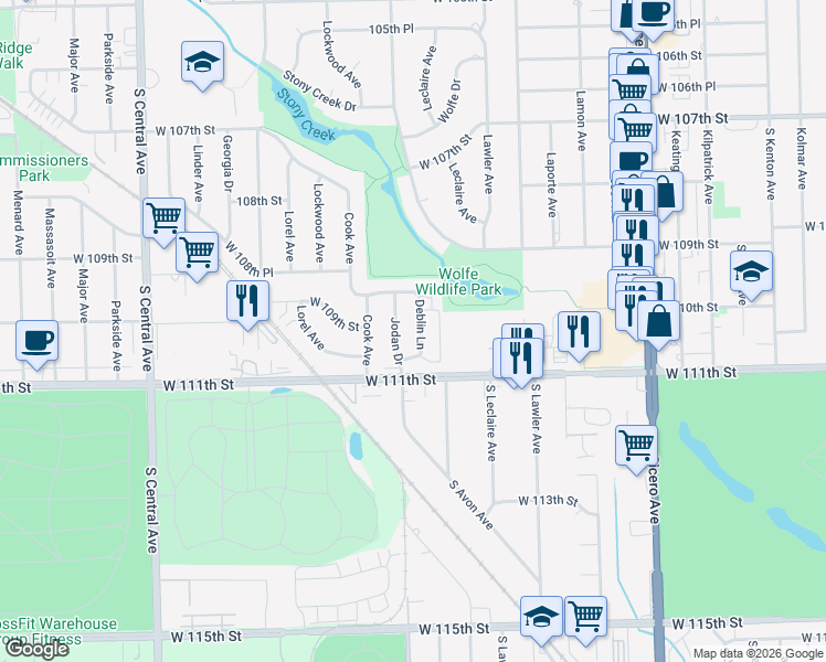 map of restaurants, bars, coffee shops, grocery stores, and more near 5105 Deblin Lane in Oak Lawn