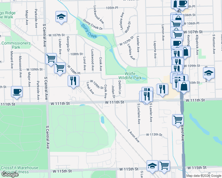 map of restaurants, bars, coffee shops, grocery stores, and more near 10948 Jodan Drive in Oak Lawn