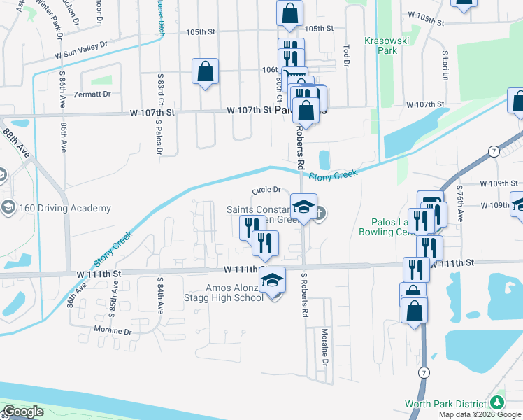 map of restaurants, bars, coffee shops, grocery stores, and more near 10916 Circle Court in Palos Hills
