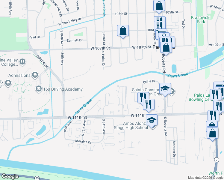 map of restaurants, bars, coffee shops, grocery stores, and more near 10840 South 84th Avenue in Palos Hills