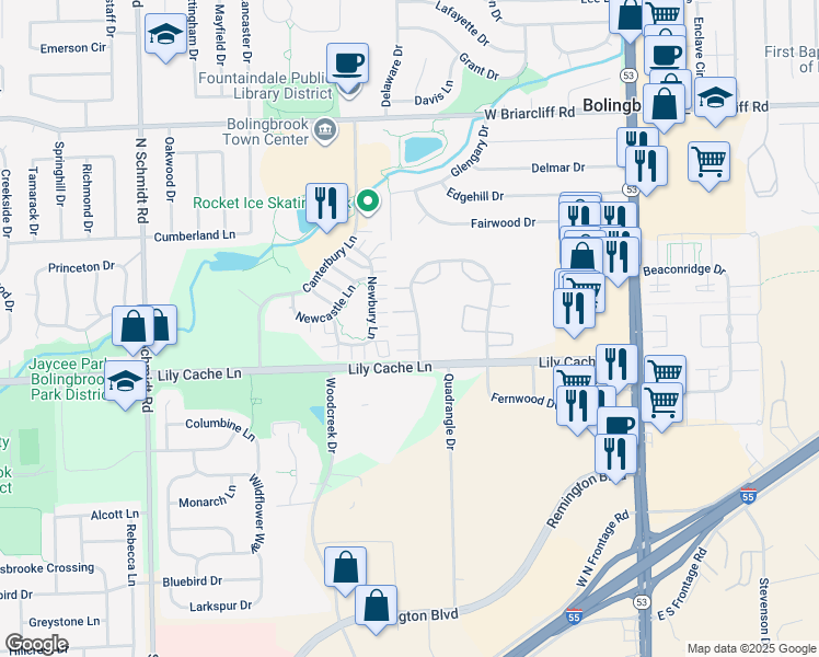 map of restaurants, bars, coffee shops, grocery stores, and more near 28 Fernwood Drive in Bolingbrook