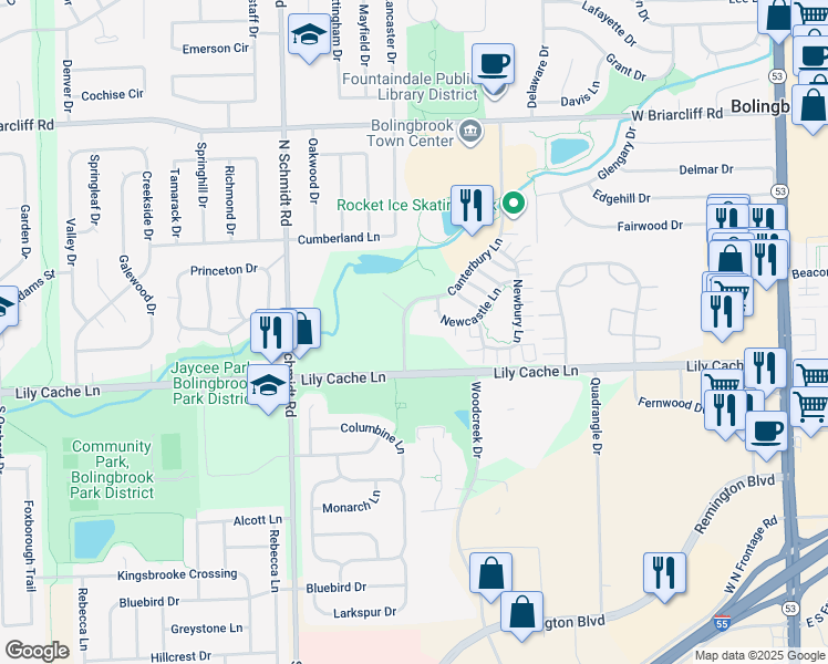 map of restaurants, bars, coffee shops, grocery stores, and more near 272 Canterbury Lane in Bolingbrook