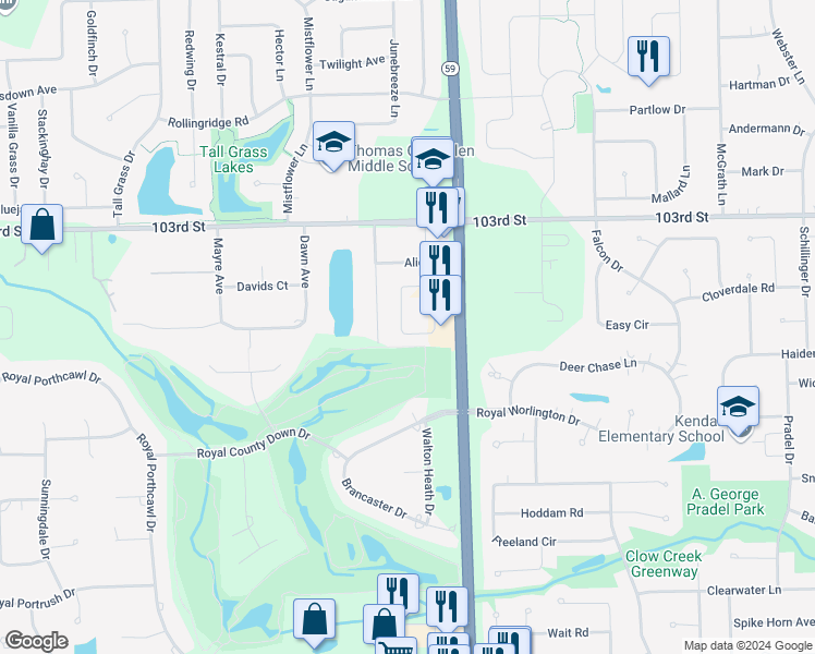 map of restaurants, bars, coffee shops, grocery stores, and more near 4151 Royal Mews Circle in Naperville