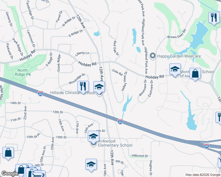 map of restaurants, bars, coffee shops, grocery stores, and more near 1458 Valley View Circle in Coralville