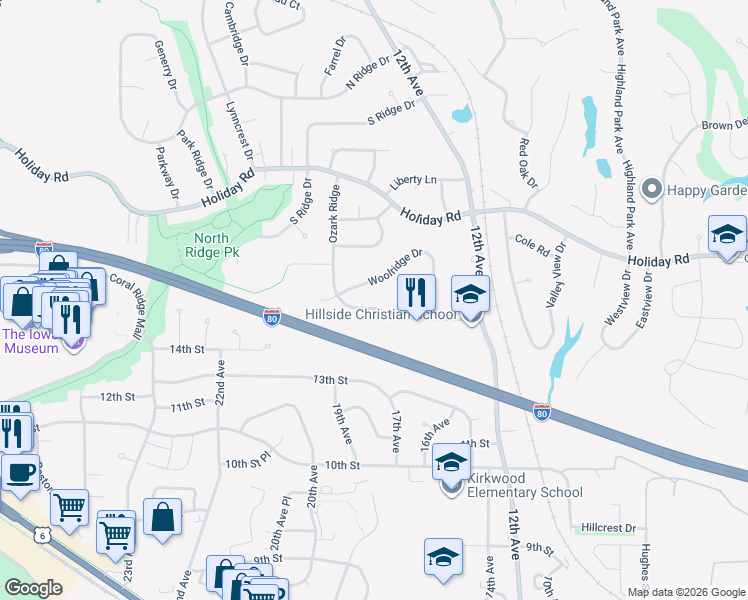 map of restaurants, bars, coffee shops, grocery stores, and more near 1388 Woolridge Drive in Coralville