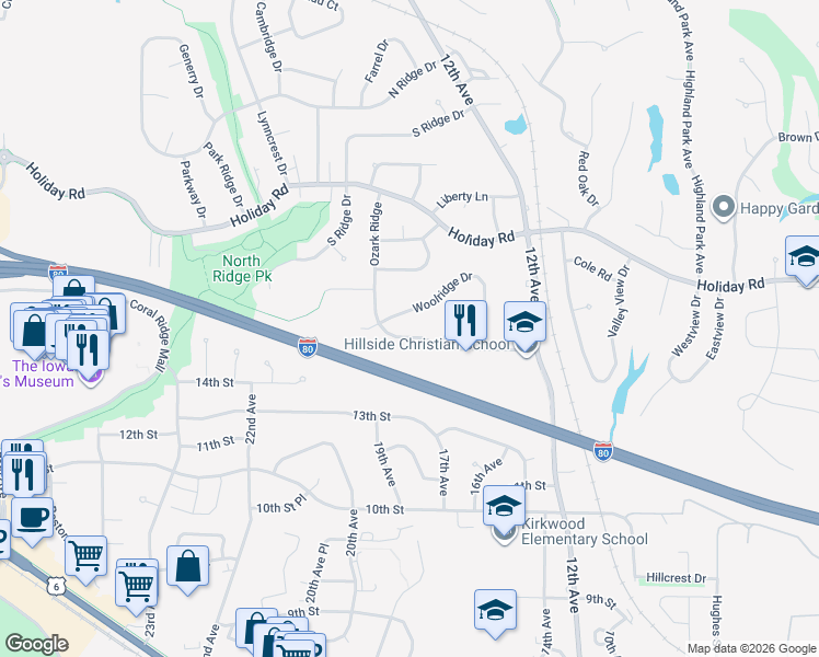 map of restaurants, bars, coffee shops, grocery stores, and more near 1388 Woolridge Drive in Coralville