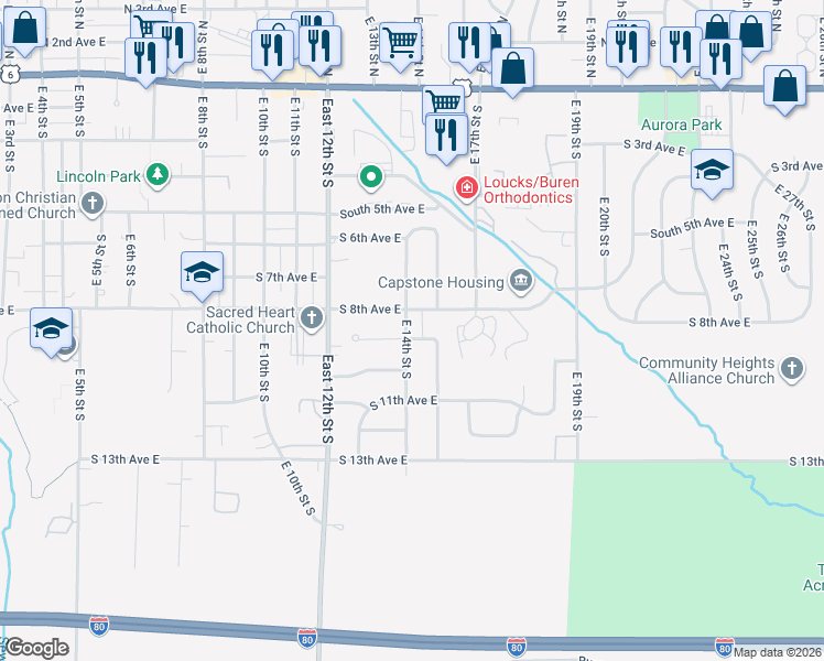 map of restaurants, bars, coffee shops, grocery stores, and more near 1309 South 8th Avenue East in Newton