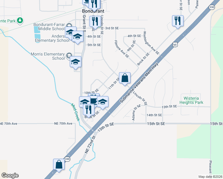 map of restaurants, bars, coffee shops, grocery stores, and more near 307 11th Street Southeast in Bondurant