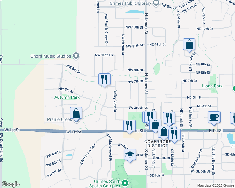 map of restaurants, bars, coffee shops, grocery stores, and more near 516 Northwest Calista Court in Grimes