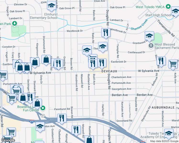 map of restaurants, bars, coffee shops, grocery stores, and more near 2620 West Sylvania Avenue in Toledo
