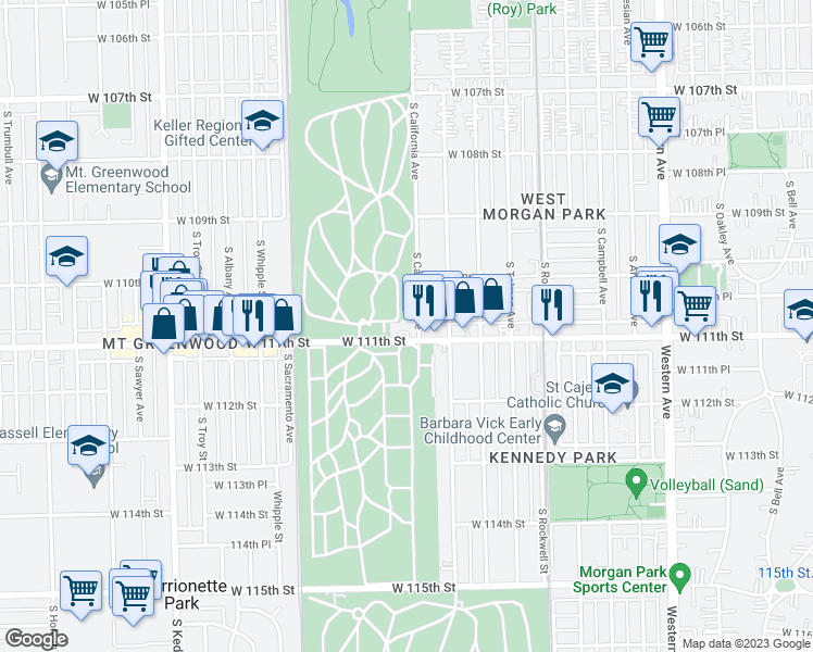 map of restaurants, bars, coffee shops, grocery stores, and more near 2806 West 111th Street in Chicago