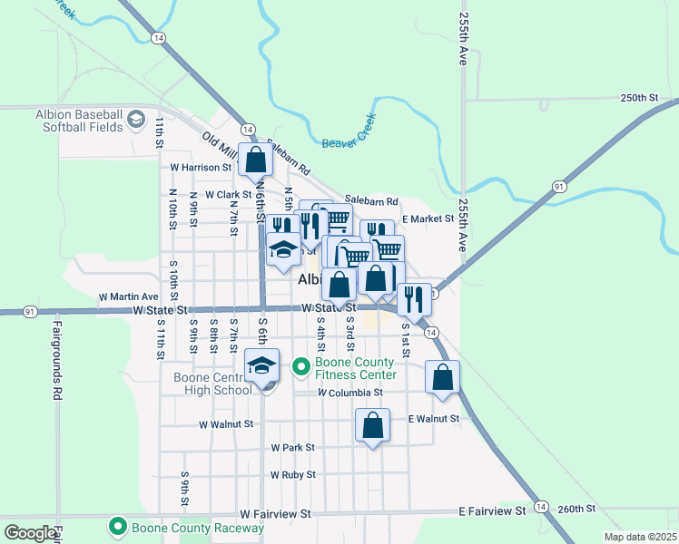 map of restaurants, bars, coffee shops, grocery stores, and more near 310 West Church Street in Albion