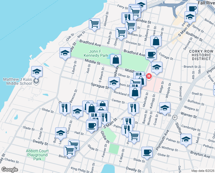map of restaurants, bars, coffee shops, grocery stores, and more near 143 Brown Street in Fall River