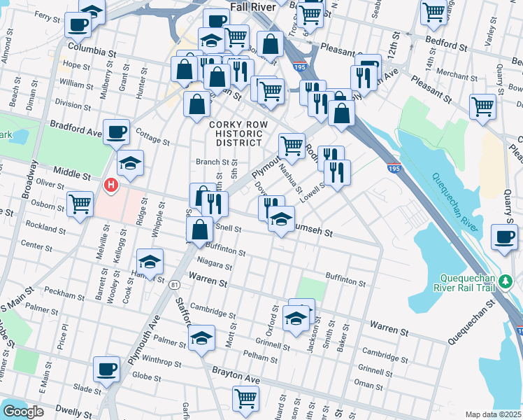 map of restaurants, bars, coffee shops, grocery stores, and more near 92 Dover Street in Fall River