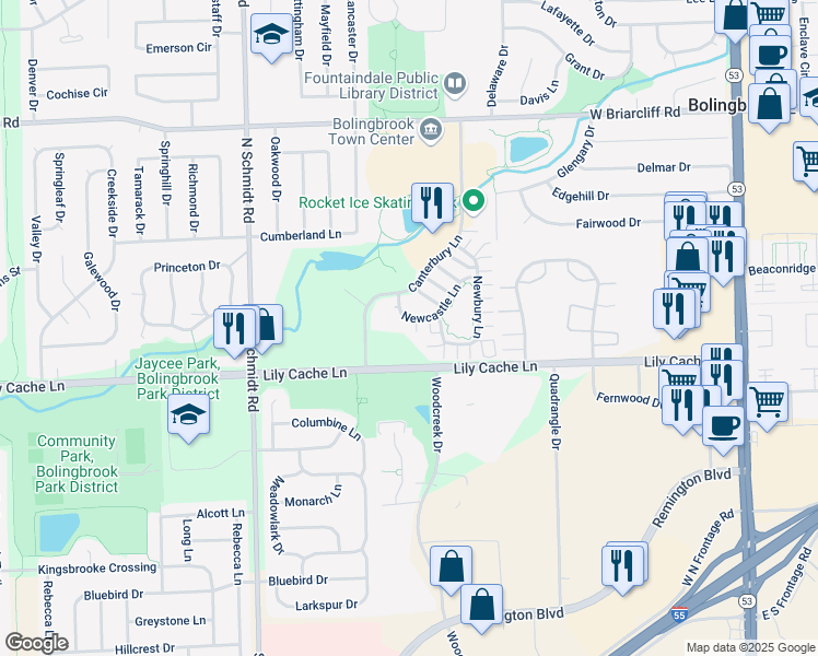 map of restaurants, bars, coffee shops, grocery stores, and more near 385 Newcastle Lane in Bolingbrook
