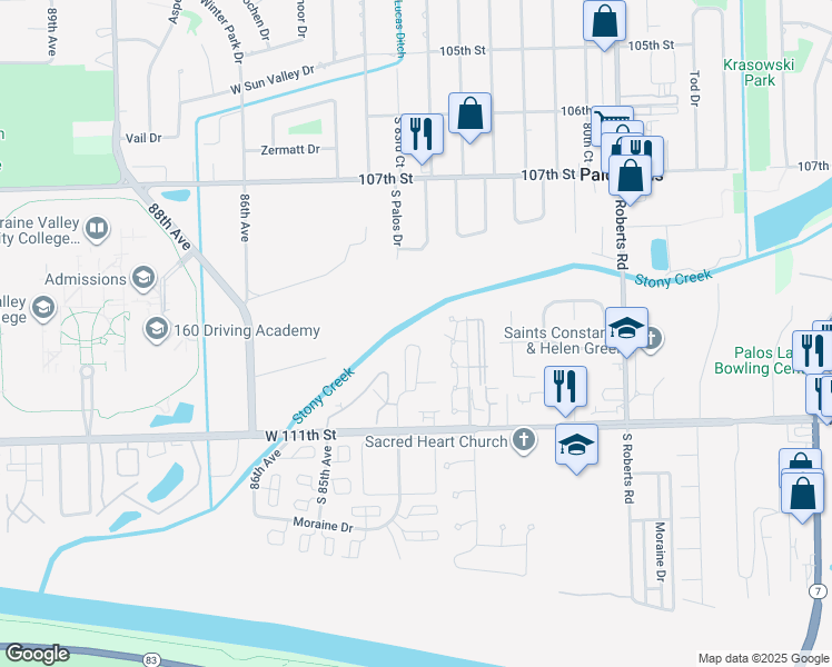 map of restaurants, bars, coffee shops, grocery stores, and more near 10840 South 84th Avenue in Palos Hills