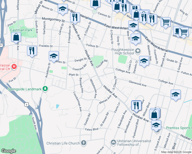 map of restaurants, bars, coffee shops, grocery stores, and more near 99 Hooker Avenue in Poughkeepsie