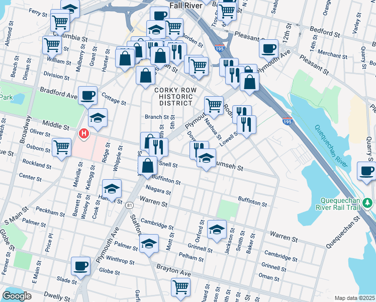 map of restaurants, bars, coffee shops, grocery stores, and more near 120 Tecumseh Street in Fall River