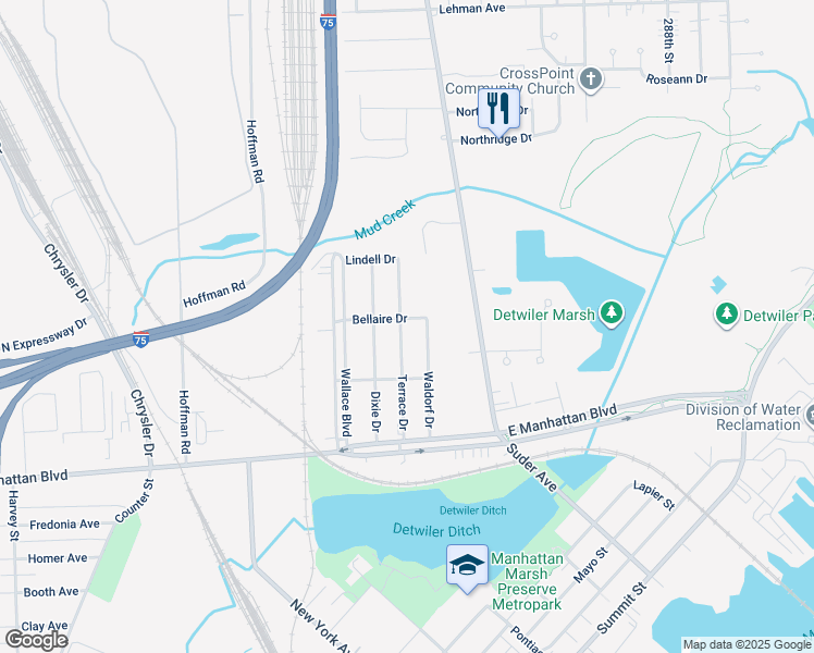 map of restaurants, bars, coffee shops, grocery stores, and more near 3656 Terrace Drive in Toledo