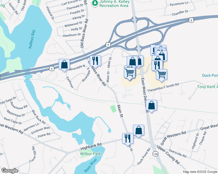 map of restaurants, bars, coffee shops, grocery stores, and more near 552 Main Street in Dennis