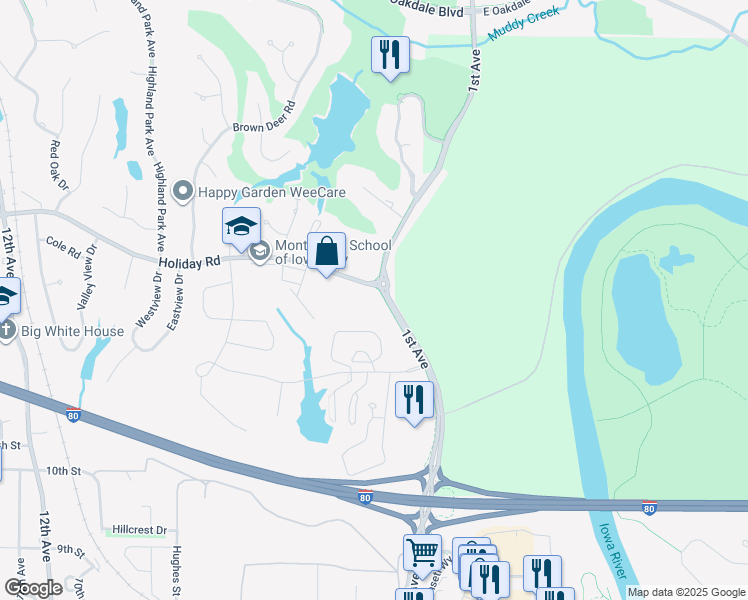 map of restaurants, bars, coffee shops, grocery stores, and more near 140 Holiday Road in Coralville