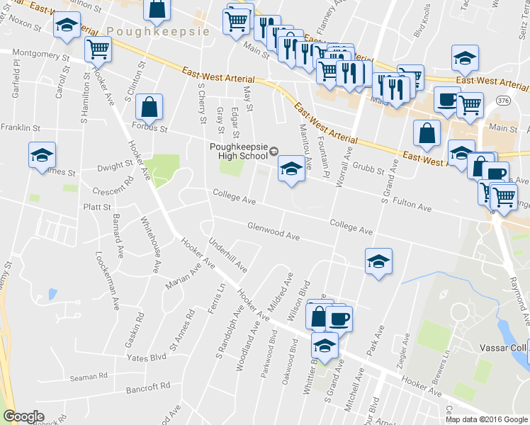 map of restaurants, bars, coffee shops, grocery stores, and more near 36 College Avenue in Poughkeepsie