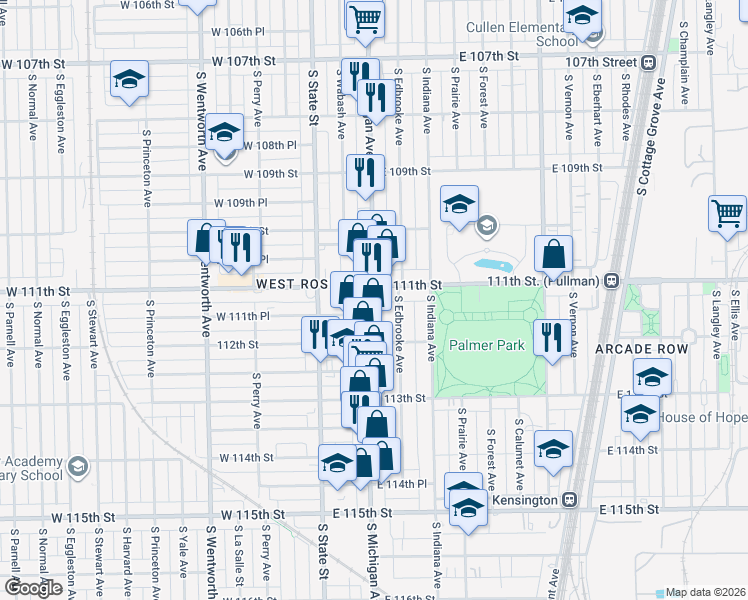 map of restaurants, bars, coffee shops, grocery stores, and more near 11101 South Michigan Avenue in Chicago