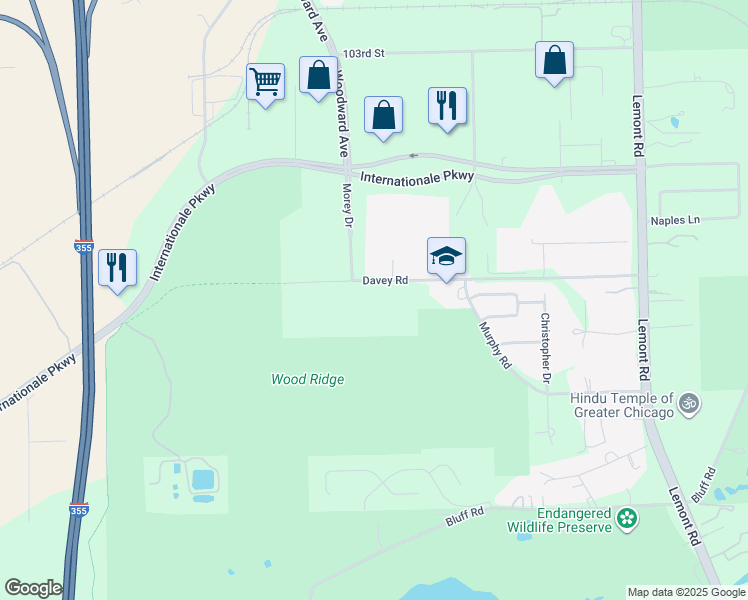 map of restaurants, bars, coffee shops, grocery stores, and more near 1401 Davey Road in Woodridge