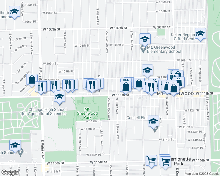 map of restaurants, bars, coffee shops, grocery stores, and more near 11035 South Central Park Avenue in Chicago