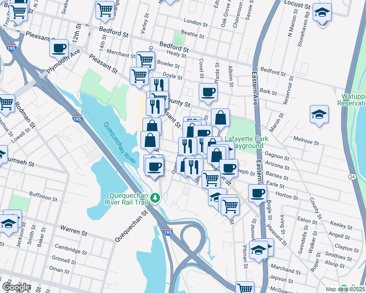 map of restaurants, bars, coffee shops, grocery stores, and more near 168 Quequechan Street in Fall River