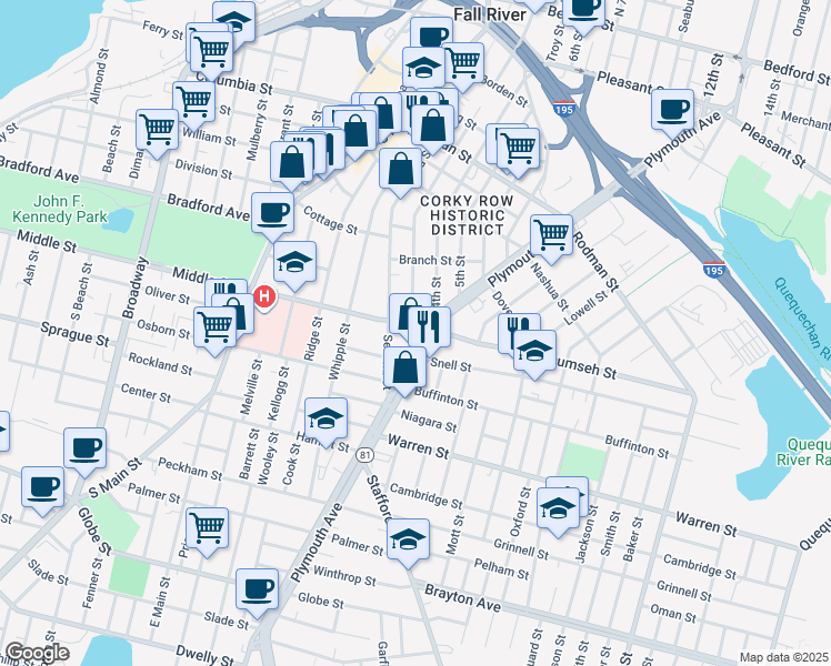map of restaurants, bars, coffee shops, grocery stores, and more near 31 Lyon Street in Fall River