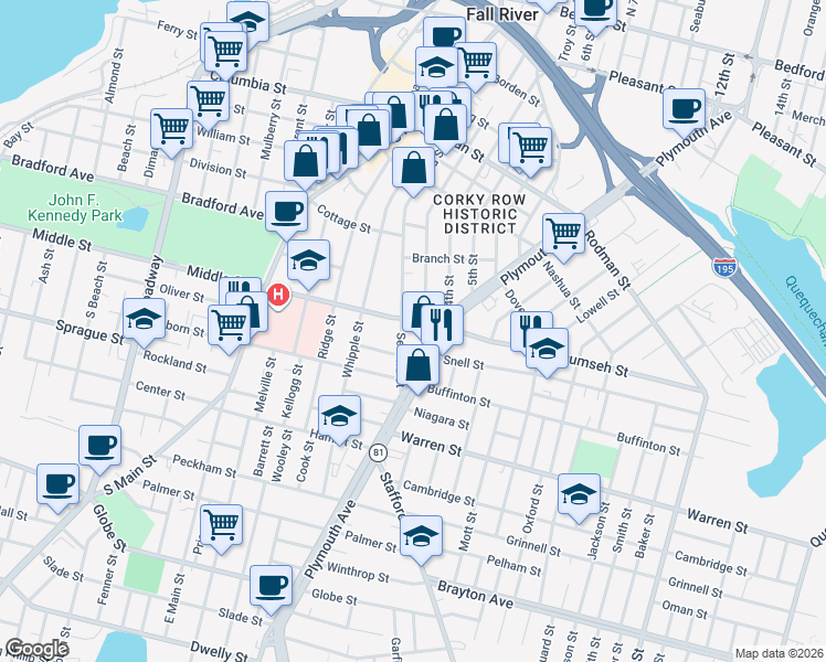 map of restaurants, bars, coffee shops, grocery stores, and more near 31 Lyon Street in Fall River