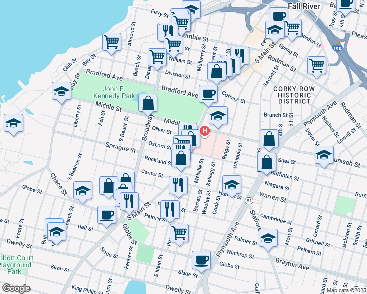 map of restaurants, bars, coffee shops, grocery stores, and more near in Fall River