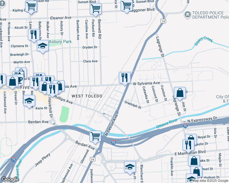 map of restaurants, bars, coffee shops, grocery stores, and more near 3938 Canada Southern Avenue in Toledo